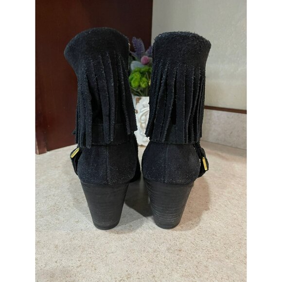Lauren Ralph Lauren Black Suede Fringe Ankle Boots With Gold Buckle & Side Zippe - Picture 8 of 8